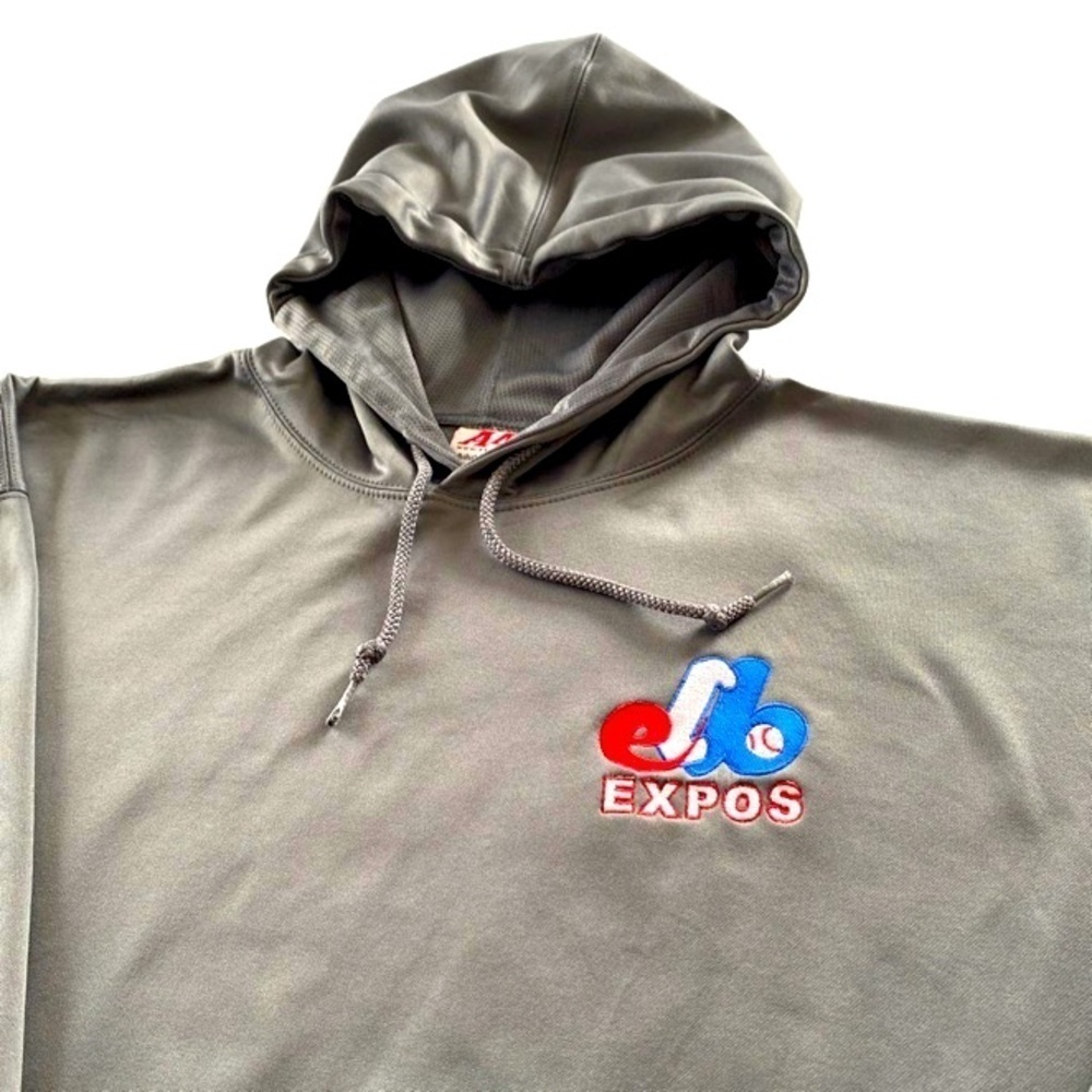 VINTAGE 1990’S MONTREAL EXPOS HOODIE WITH KANGAROO FRONT POCKETS. SIZE XL.